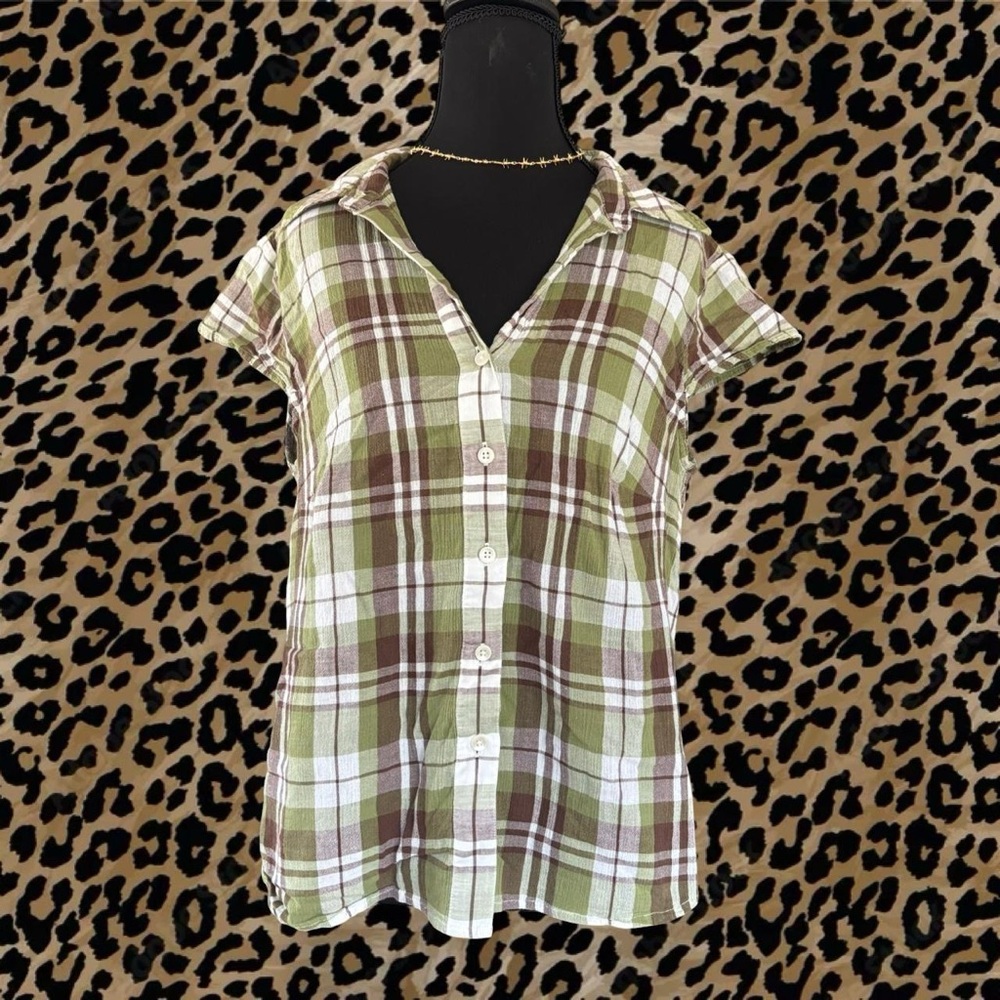 Jones New York Olive and White Plaid Button-Front Short Sleeve Top